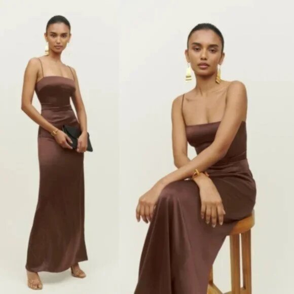 Reformation | Frankie 100% Silk Maxi Slip Es Dress in Brown‎ Plus Size 16 - Picture 3 of 12